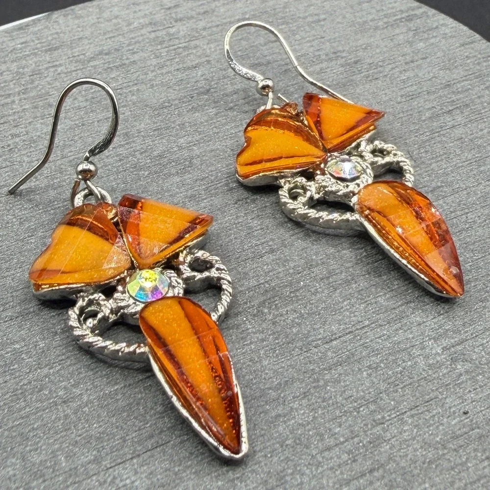 Orange Crystal Rhinestone Silver Tone Dangle Earrings Statement Boho Festival